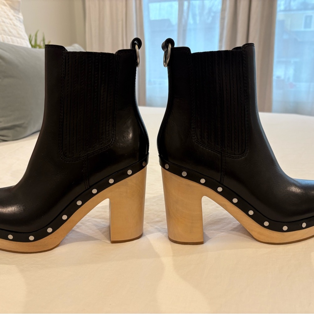 PAIGE Black Leather Chelsea Platform Boots with Wood Block Heel